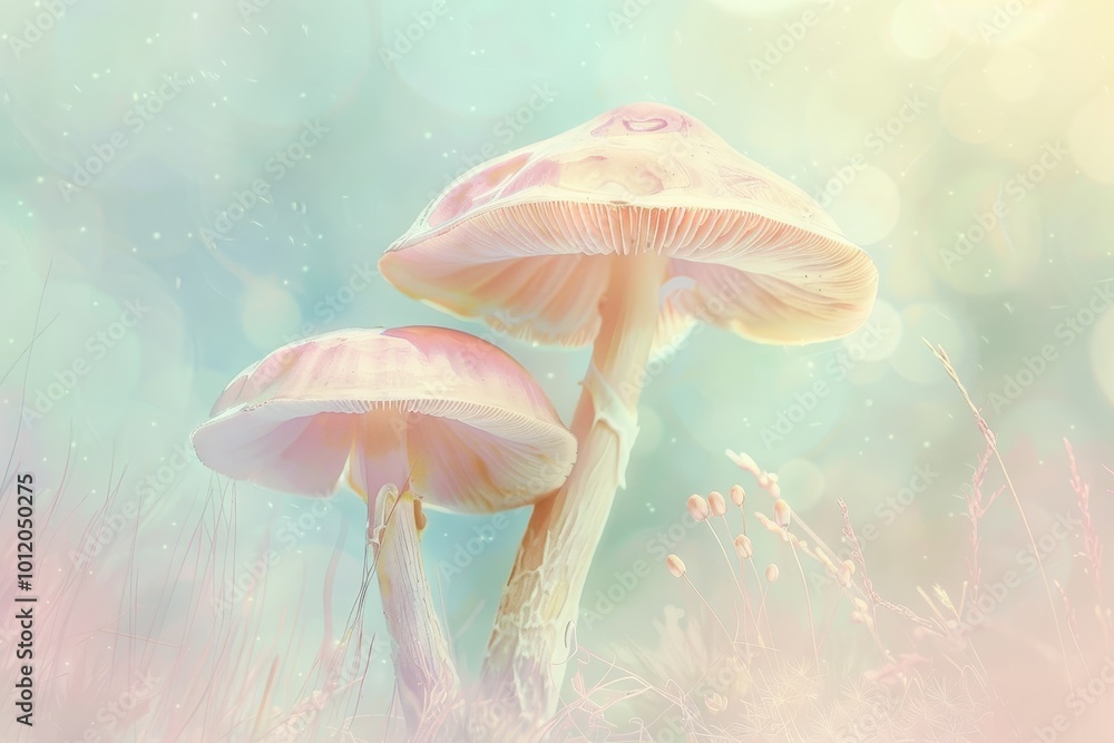 Poster delicate mushrooms growing on a damp forest floor surrounded by ethereal bokeh lights during an earl