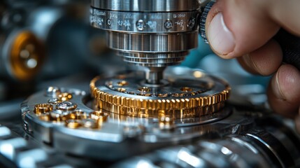 A watchmaker's hand carefully adjusts a complex gear system inside a watch.