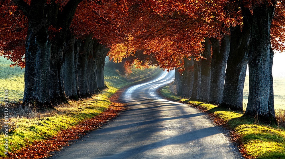 Poster winding road through a tunnel of autumn trees with sun rays filtering through the foliage.