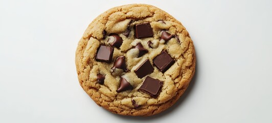 A perfectly round chocolate chip cookie with chunks of melted chocolate, centered on a clean white background