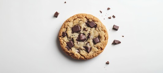 A perfectly round chocolate chip cookie with chunks of melted chocolate, centered on a clean white background