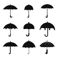 Black silhouette set of various umbrella vector 