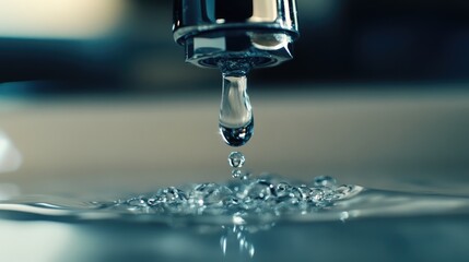 Close-Up of a Water Drop Leaking from a Faucet. AI generated illustration