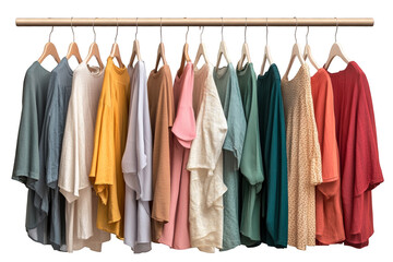 Multicolored pastel t-shirts hanging on hanger in closet on transparent background