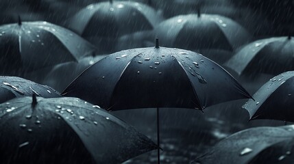 Fototapeta premium Dark umbrellas in the rain with raindrops, moody atmosphere.