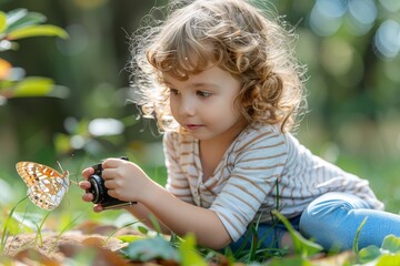 Naklejka premium A young girl captures nature s beauty with a camera, photographing a butterfly on a flower