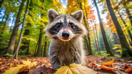 Fototapeta premium Curious raccoon exploring nature with a playful expression in a vibrant forest setting