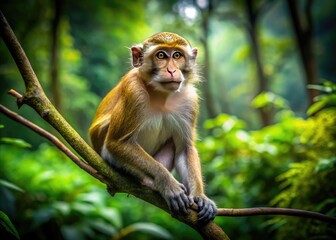 Obraz premium Curious Turk Monkey Sitting on a Branch in a Lush Green Forest, Captivating Wildlife Scene