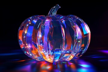 3D transparent glass pumpkin with multicolored reflections, set against a vibrant background, creating a surreal and artistic design with glowing lights and a glossy finish