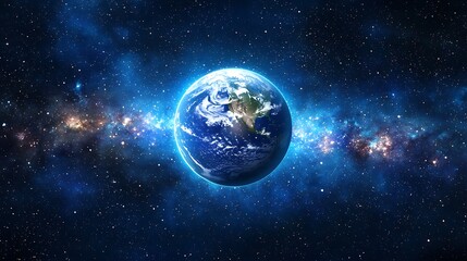 Fototapeta premium Earth in space surrounded by stars, cosmic background.