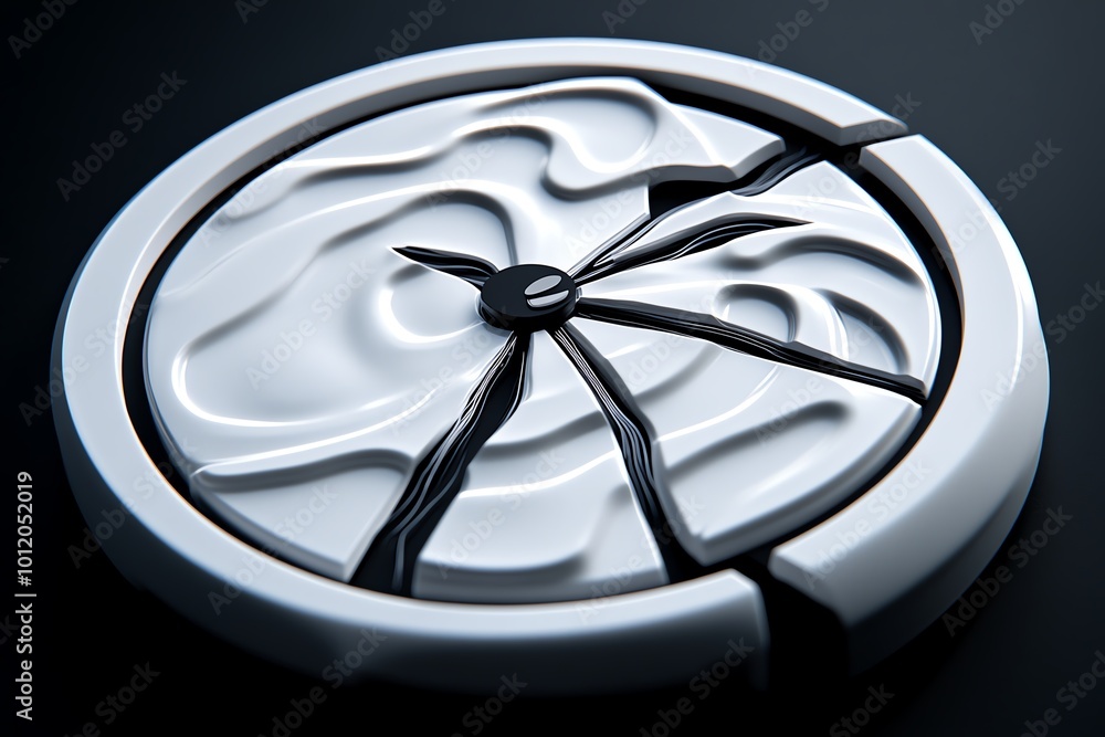 Poster Geometric design of a broken clock, with soft lines representing the irreversible nature of time lost to mistakes