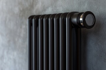 Black vertical heater radiator on grey wall background