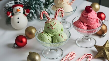 Christmas-themed ice creams with candy canes and ornaments on white tablecloth