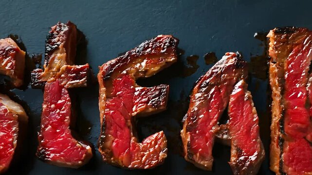 "Grilled Steak Letters Forming Word on Black Background Close-Up"