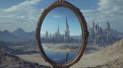 Fototapeta premium Fantasy landscape viewed through an ornate mirror frame.