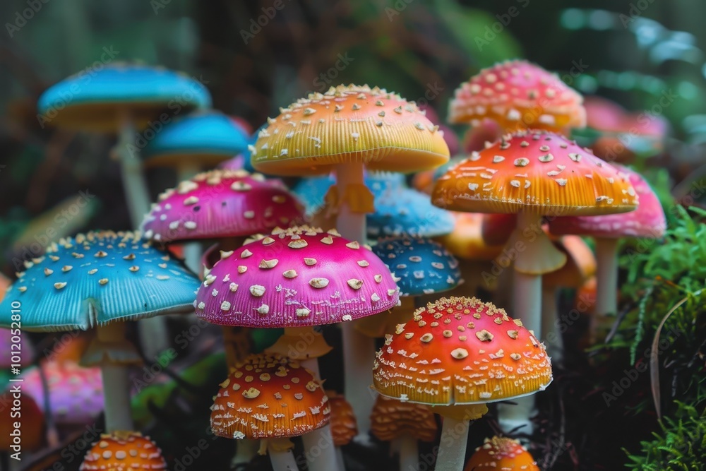 Poster a vibrant cluster of colorful mushrooms with distinctive caps, showcasing an array of pink, orange, 