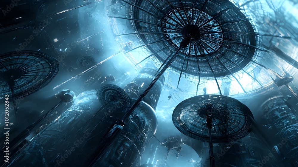Poster Futuristic architecture with hovering structures and blue lighting.