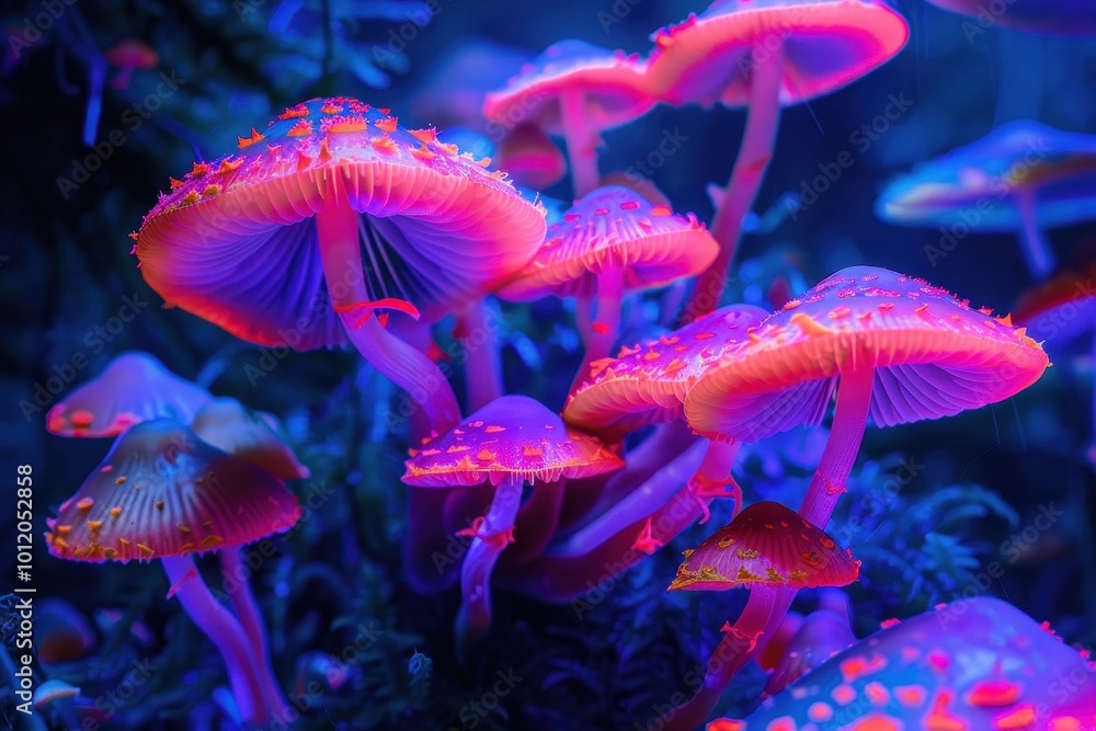 Poster a vibrant cluster of colorful mushrooms with distinctive caps, showcasing an array of pink, orange, 