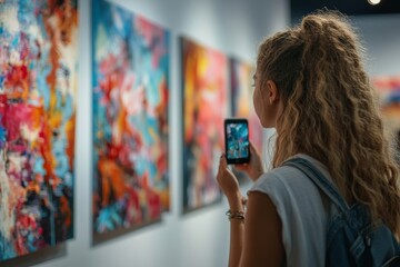 Diverse group of teenagers taking photos of abstract art in modern art gallery or museum, Generative AI