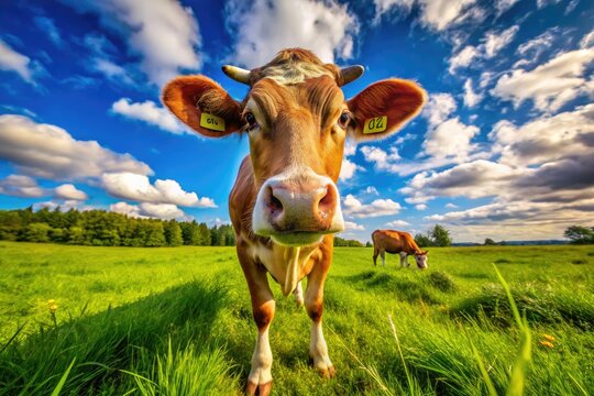 Cute and Playful Cown with Big Eyes in a Pastoral Setting Under Bright Blue Sky and Green Grass