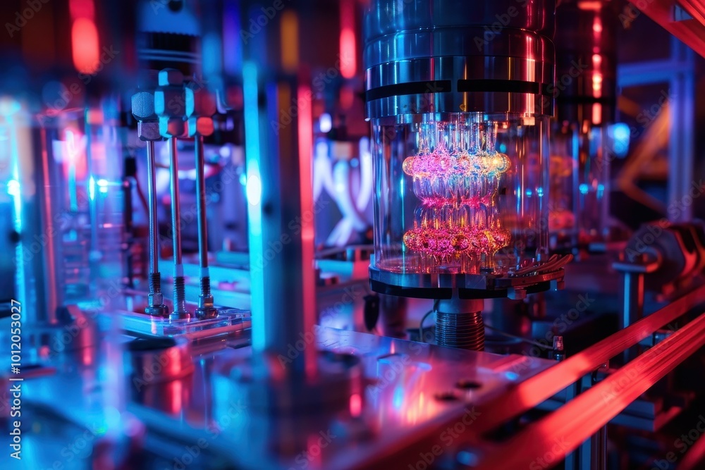 Aufkleber Intricate components of a quantum computer showcasing advanced technology and precision engineering in a laboratory setting with vibrant lighting