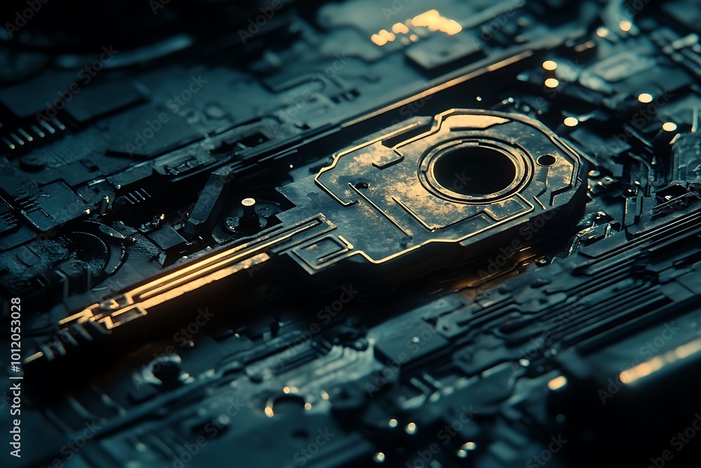 Poster futuristic key design on digital circuit background.