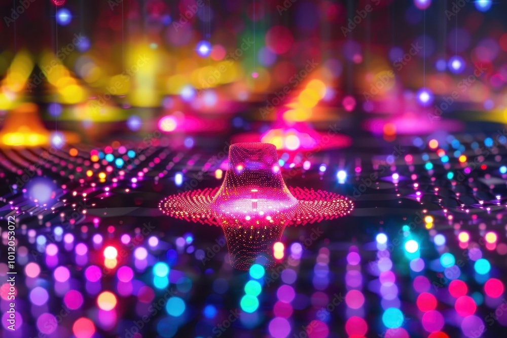 Poster Vibrant light patterns illuminate a futuristic landscape with colorful reflections and dynamic shapes in an abstract digital art display