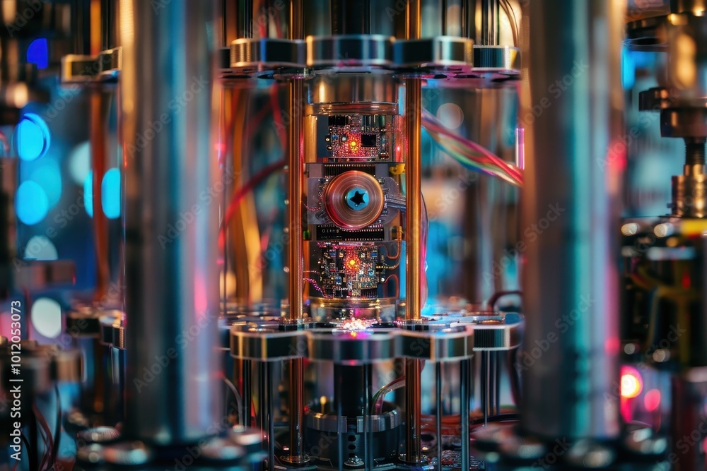 Aufkleber Intricate components of a quantum computer showcasing advanced technology and precision engineering in a laboratory setting with vibrant lighting