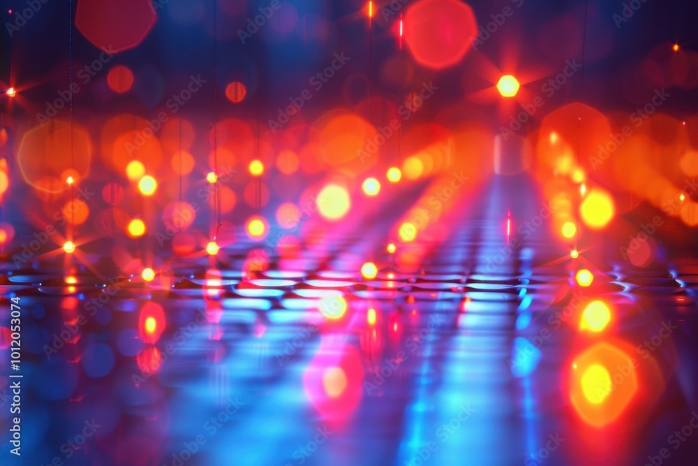 Poster Vibrant light patterns illuminate a futuristic landscape with colorful reflections and dynamic shapes in an abstract digital art display