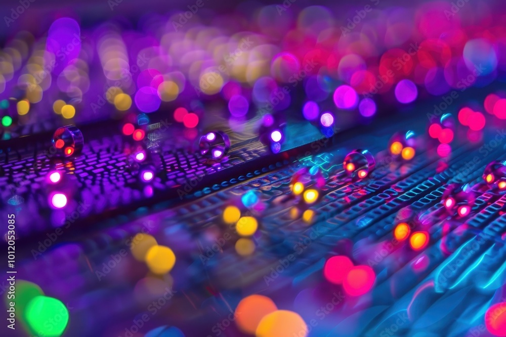 Poster Vibrant light patterns illuminate a futuristic landscape with colorful reflections and dynamic shapes in an abstract digital art display