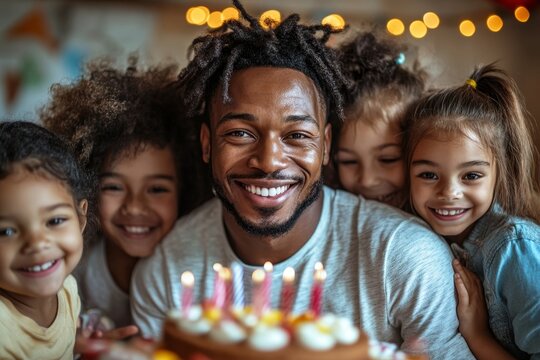 Portrait of smiling African-American father helping son with homework while studying at home, copy space, Generative AI
