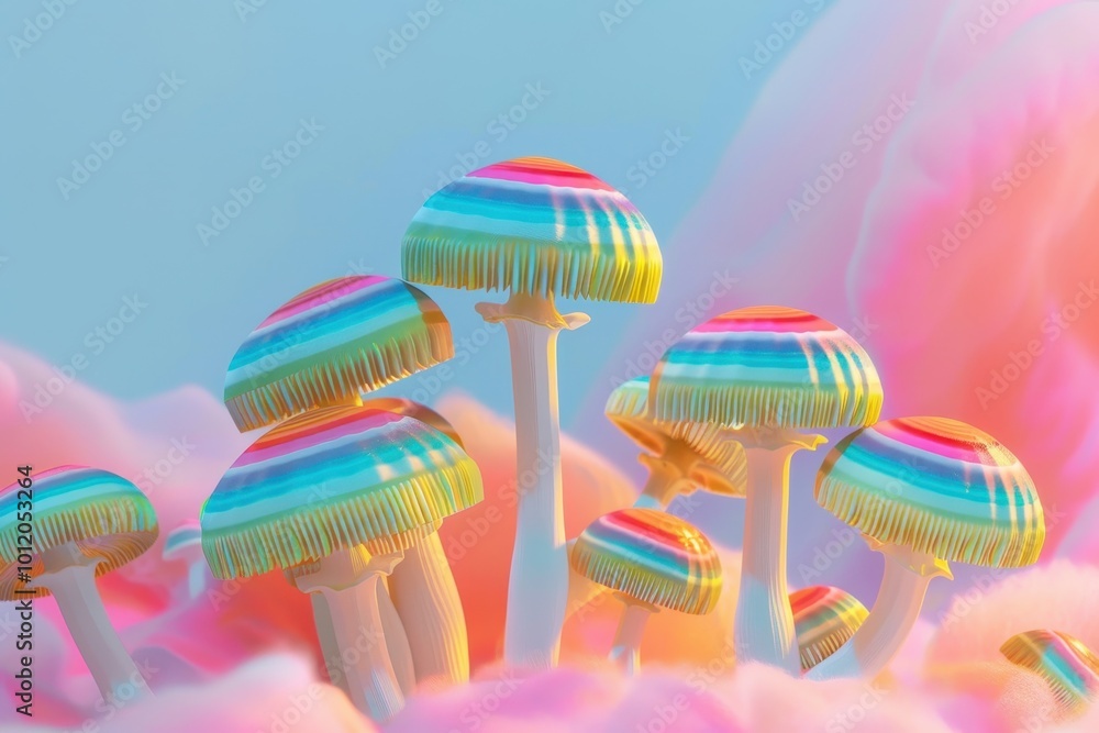 Poster Colorful cluster of vivid mushrooms growing in a lush forest during the early morning light with soft background focused on their enchanting details