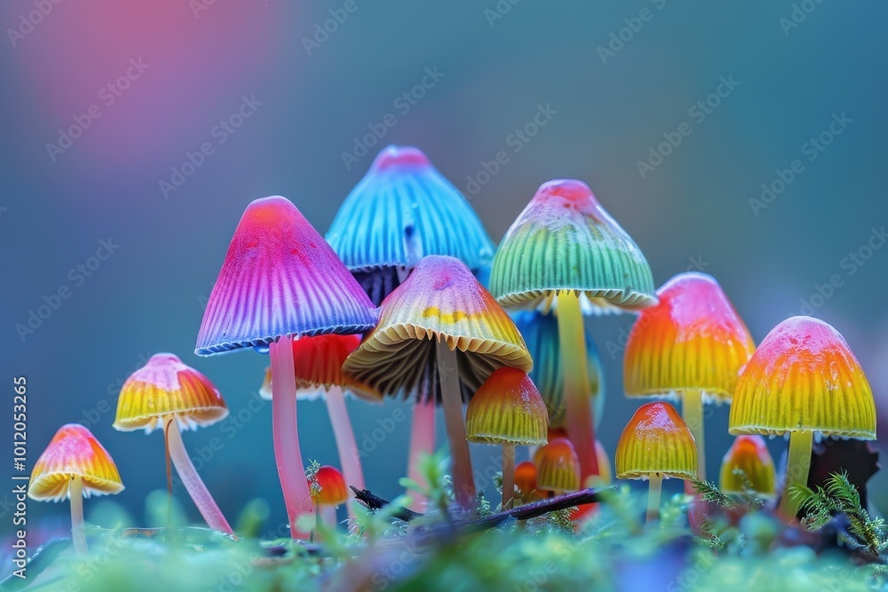 Poster Colorful cluster of vivid mushrooms growing in a lush forest during the early morning light with soft background focused on their enchanting details