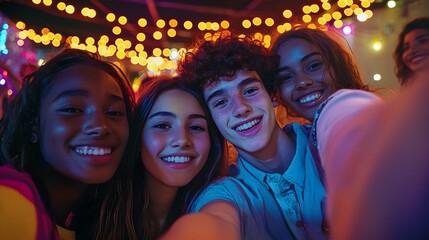 Group of friends taking a selfie at a festive gathering.