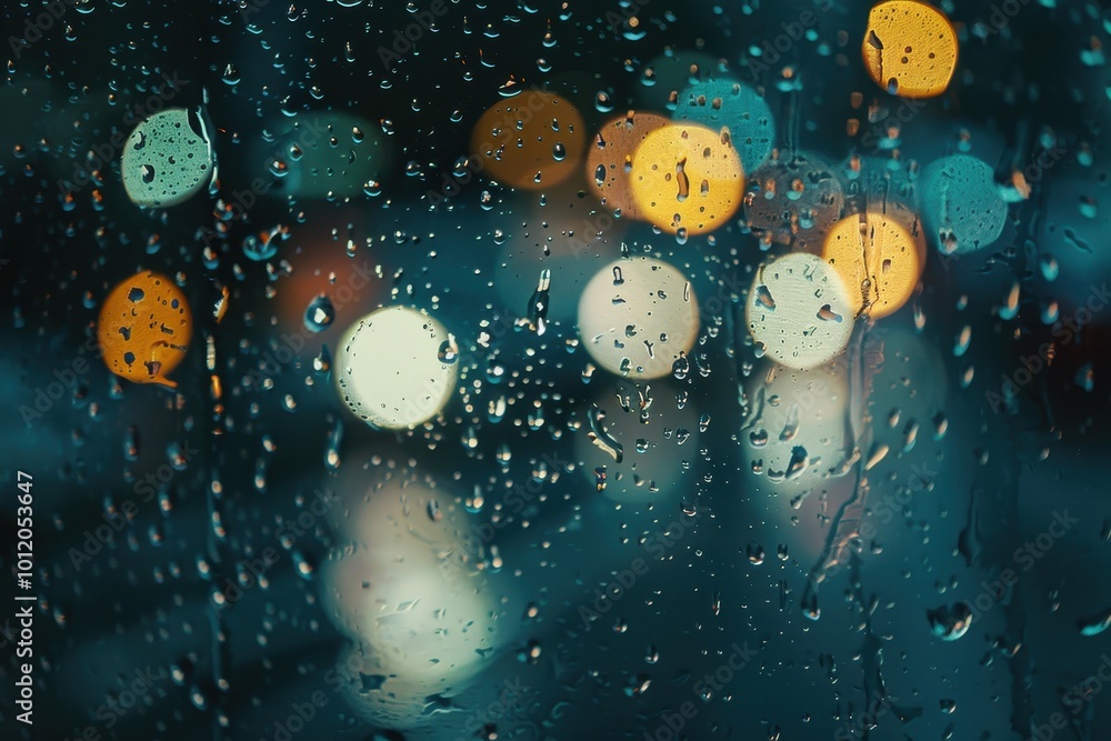 Poster raindrops accumulating on a dark surface during a rainy weather condition, capturing the intricate r