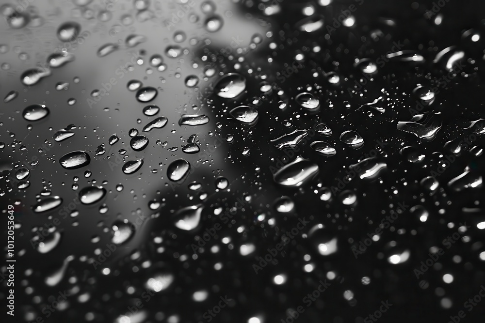 Poster raindrops accumulating on a dark surface during a rainy weather condition, capturing the intricate r