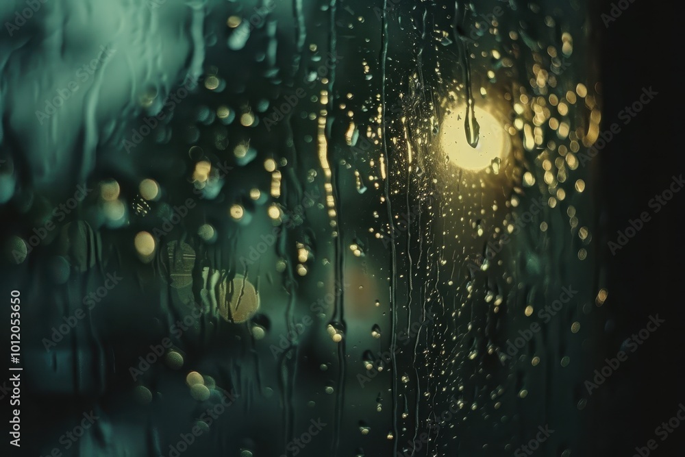 Poster raindrops accumulating on a dark surface during a rainy weather condition, capturing the intricate r