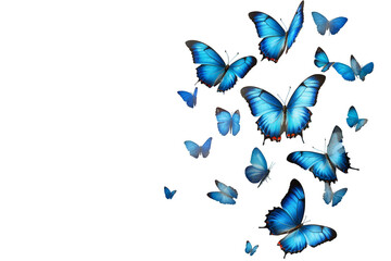 Flying blue butterflies of different sizes on a transparent background
