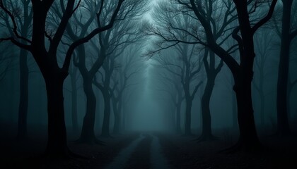 Misty dark forest path with eerie atmosphere, mysterious nature scene