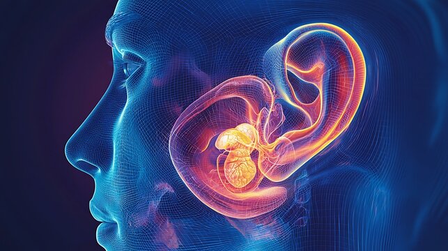 Human ear anatomy illustration with vibrant colors.