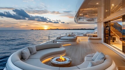 Obraz premium Luxurious yacht deck with sunset view over the ocean.