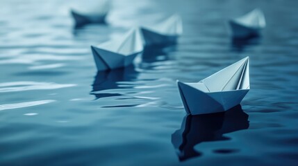 Obraz premium Fleet of Paper Ships with One Taking a Divergent Path. AI generated illustration