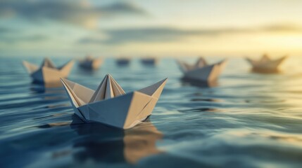 Fleet of Paper Ships with One Taking a Divergent Path. AI generated illustration