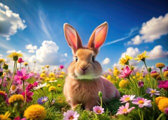 Fototapeta premium Cute pink bunny sitting in a meadow surrounded by colorful flowers and a bright blue sky above