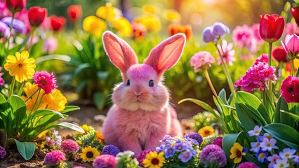Cute Pink Bunny Surrounded by Colorful Flowers in a Bright and Cheerful Spring Garden Setting