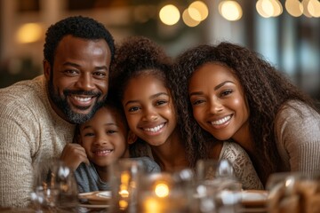 Portrait of happy African American family of five sitting at dinner table together and embracing, Generative AI