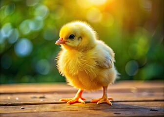Cute yellow chick standing on a wooden surface, showcasing its fluffy feathers and playful nature