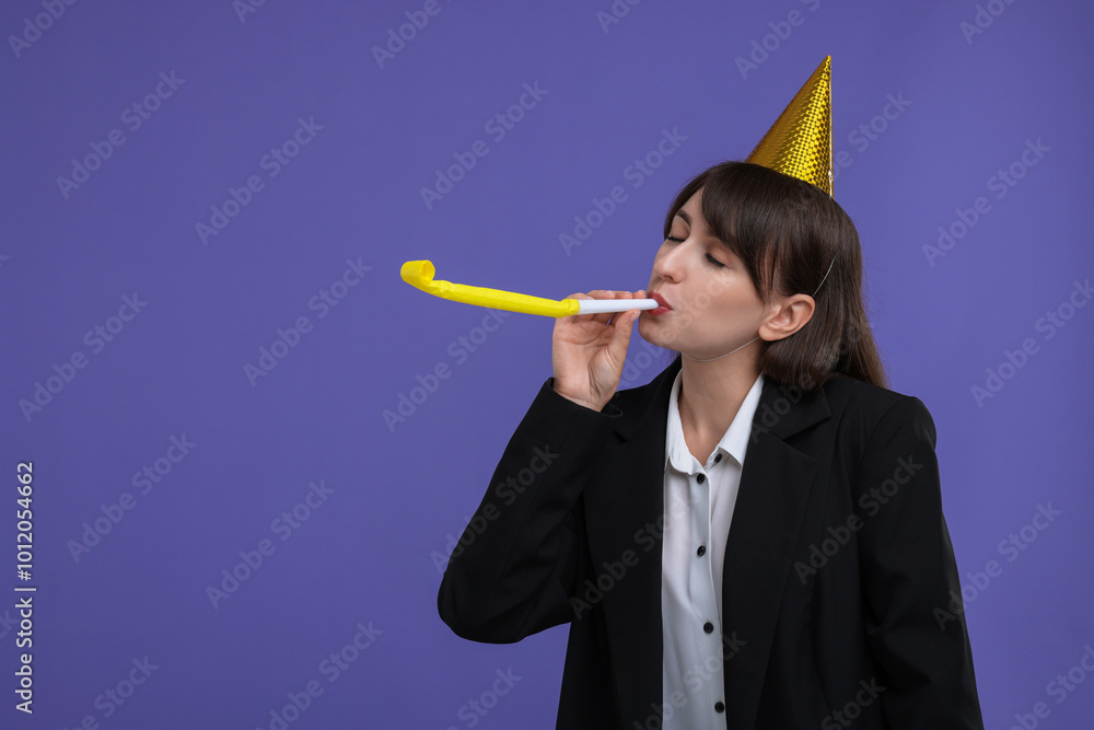 Sticker Woman in party hat with blower on purple background, space for text