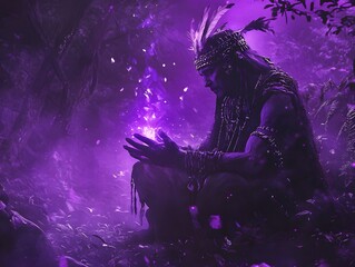 Mystical figure meditating in a purple enchanted forest