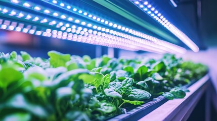 Hydroponic Farming Rack Growing Spinach Under UV LED Light. AI generated illustration